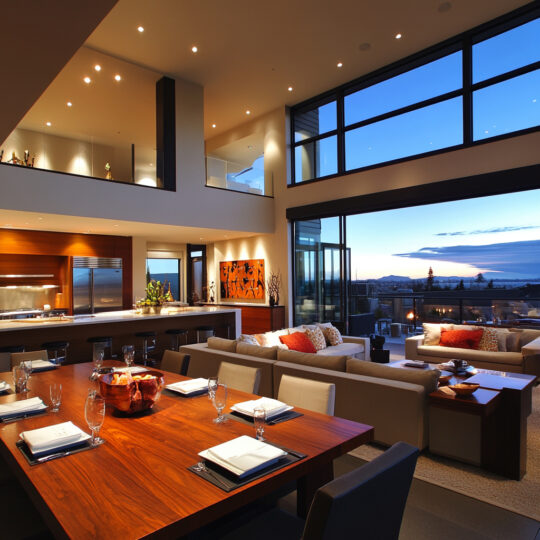 open plan home with dining room flowing into the living space, with open kitchen and mezzanine, bi-fold doors open to the veranda