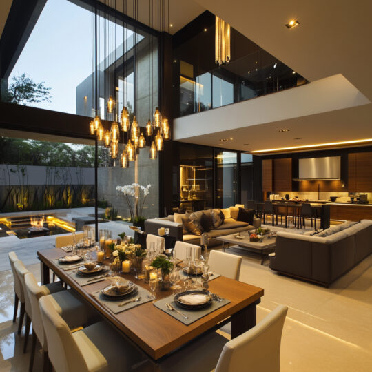 luxury open plan living dining room with in door outdoor feeling through the the garden and glass mezzanine