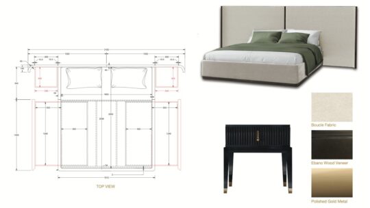 A rendering of a bed with a large, upholstered headboard next to technical drawings and dimensions showcases the craftsmanship worthy of a UK Property Award. Material samples include bouclé fabric, ebony wood veneer, and polished gold metal. A black nightstand with gold accents complements the design.
