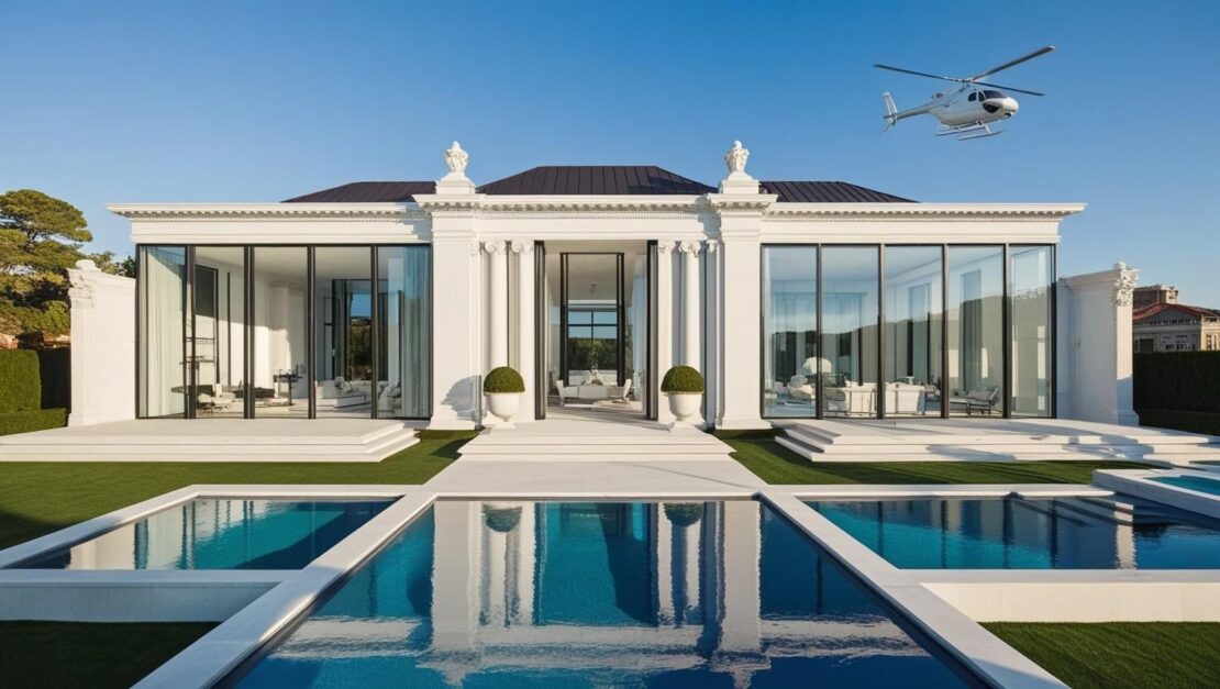 A modern white mansion with large glass windows, nestled among manicured lawns and geometric pools, epitomises the architectural grandeur of billionaires' homes under a clear blue sky. A helicopter gracefully flies above the house.