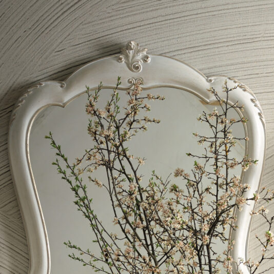 Curved Rococo Style Mirror A Curved Rococo Style Mirror with an ornate frame reflects delicate branches adorned with small blossoms, all set against a textured, light-colored wall.