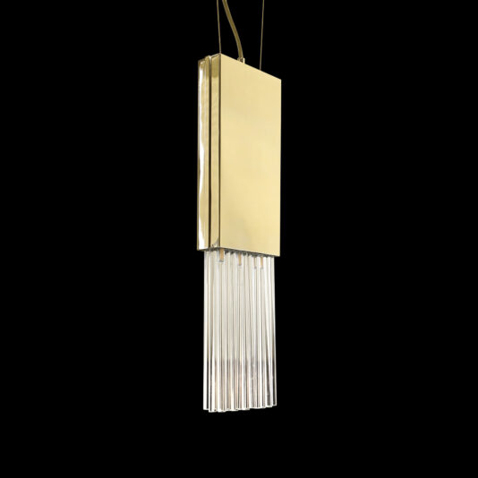 The Glass Drop Pendant Light features a contemporary design with a rectangular gold fixture and vertical clear glass rods cascading gracefully against a solid black backdrop.