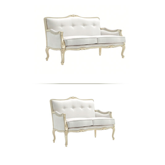 Two High End Rococo Style Sofas in cream color, featuring vintage wooden frames and cushioned seats, are elegantly arranged one above the other against a plain white background.