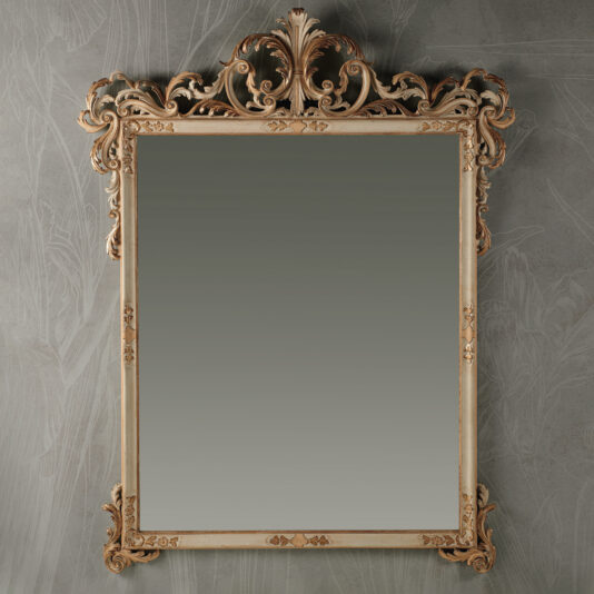 Large Baroque Style Wall Mirror The Large Baroque Style Wall Mirror, featuring an ornate rectangular shape with intricate floral and scrollwork designs, hangs on a textured gray wall. Its vintage gold-toned finish adds an elegant touch to the room.