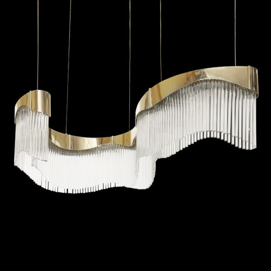Large Modern Wavy Chandelier The Large Modern Wavy Chandelier showcases a contemporary design with gold accents and transparent glass rods cascading in a wave-like pattern against a black background.