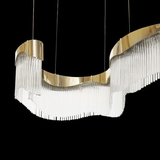 Large Modern Wavy Chandelier Against a black background, the Large Modern Wavy Chandelier showcases a luxe and contemporary design with sleek, gold-toned metal encircled by numerous vertical glass rods.