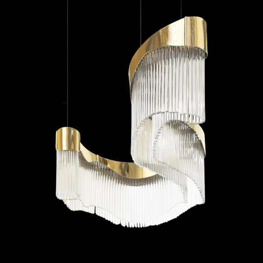 Large Modern Wavy Chandelier A sophisticated and sizable Large Modern Wavy Chandelier with a spiral design, showcasing cascading transparent rods and gold accents against a black backdrop.