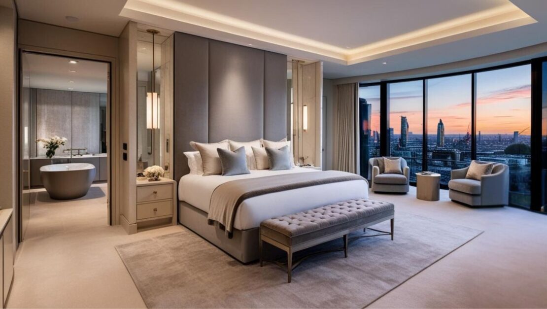 A luxurious bedroom features a large bed with soft beige and grey decor and a cosy seating area. Floor-to-ceiling windows unveil a breathtaking city skyline at sunset, while an open door reveals a freestanding bathtub, epitomising opulence.
