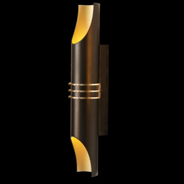 The Modern Vertical Wall Light features a sleek and contemporary design with a long silhouette and a sophisticated black and gold finish. It has openings at both the top and bottom, allowing light to emanate outward. This elegant fixture is adorned with decorative gold rings at its center, enhancing the elegance of any space.