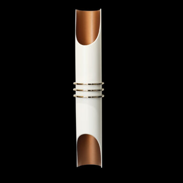 Product: Modern Vertical Wall Light  
Description: This sleek wall light features a minimalist cylindrical design with open ends. It beautifully displays white and copper tones, accented by two metallic rings at its center, all set against a bold black background.