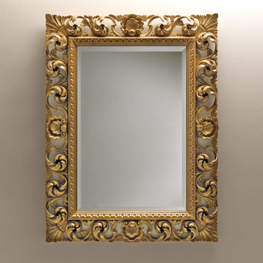 An Ornate Baroque Style Wall Mirror with intricate floral patterns adorns a plain, light-colored wall. The gold frame exudes elegance and an antique charm but features a blank canvas rather than the anticipated mirror or picture.