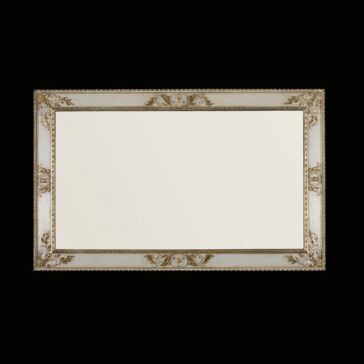 Rococo Style Rectangular Wall Mirror Against a simple black backdrop, the Rococo Style Rectangular Mirror is showcased with its ornate gilded frame, adorned with intricate floral and scrollwork details. The mirror's reflective surface remains blank.
