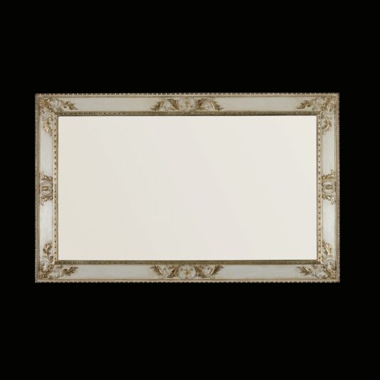 Against a simple black backdrop, the Rococo Style Rectangular Mirror is showcased with its ornate gilded frame, adorned with intricate floral and scrollwork details. The mirror's reflective surface remains blank.