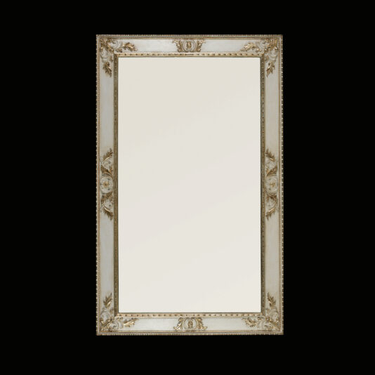 The Rococo Style Rectangular Wall Mirror features a vintage aesthetic with an ornate gold frame, beautifully showcasing intricate floral and swirl designs on a black background, offering a classic and elegant appearance.