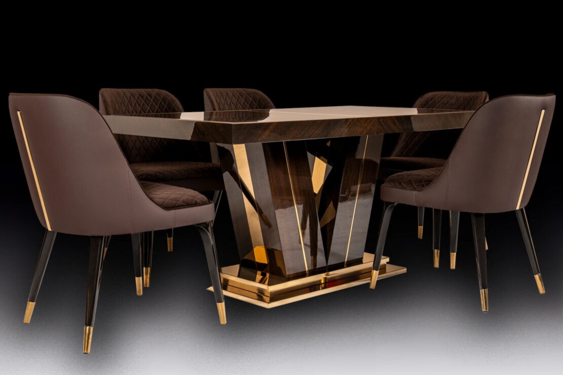 A modern dining set designed in ai by Juliettes Interiors and manufactured for our client. The set exudes luxury, featuring a bespoke rectangular table with a geometric, reflective base and glossy top. Surrounded by five dark brown cushioned chairs with golden accents and sleek legs, it stands elegantly against a gradient black background.