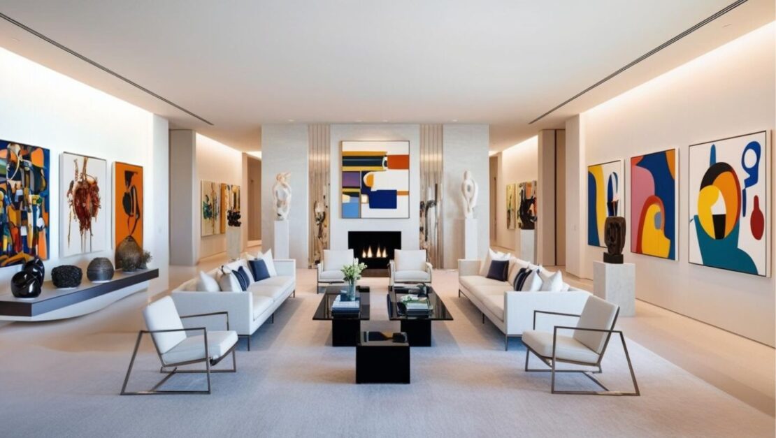A contemporary living room fit for billionaires' homes, with white sofas and chairs arranged around a sleek black coffee table. The walls boast colorful abstract art, while sculptures flank a central fireplace. Warm lighting enhances the modern and inviting atmosphere.