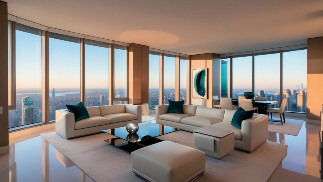 Luxurious modern living room typical of billionaires' homes, with large windows offering a panoramic city view. The space features cream sofas, a glass coffee table, and decorative cushions. Soft lighting and minimalist design create an elegant ambiance.