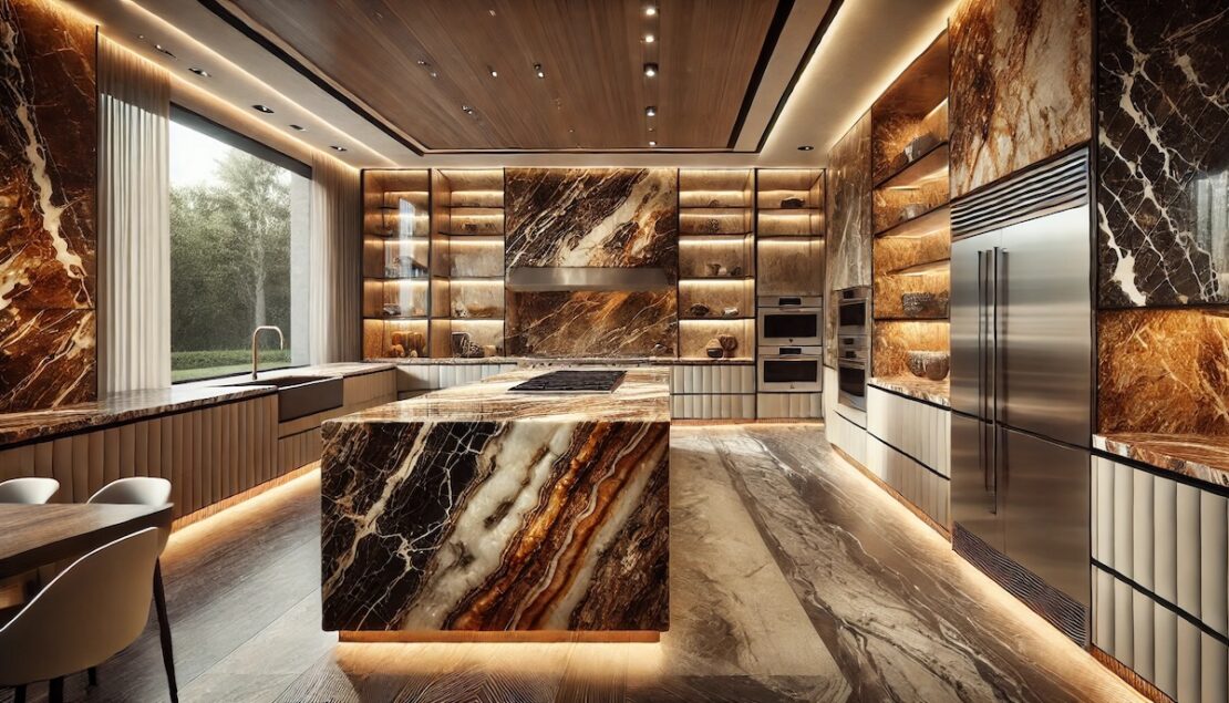 Billionaires kitchen featuring rare opulent stone worktops and back splash, with luxury metal finishes