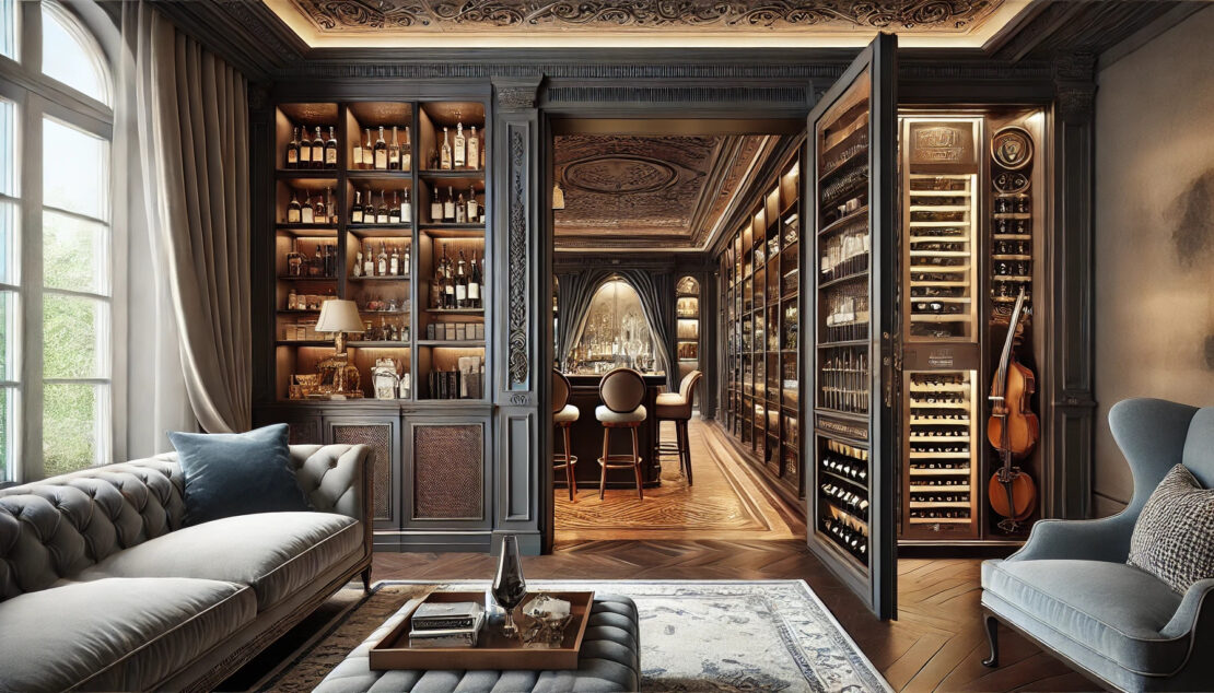 luxurious traditionally styled home with concealed speak-easy style living room and wine cellar hidden by a wall panel which is actually a door