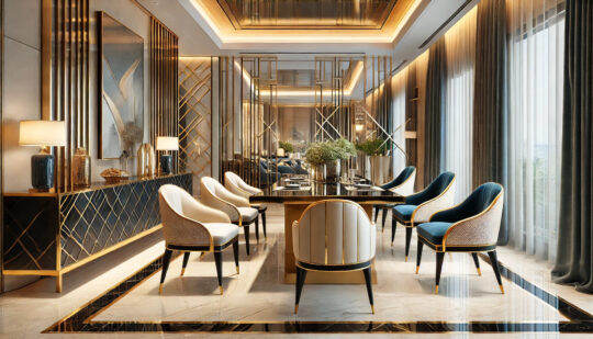 A luxurious dining room features bespoke furniture, including a rectangular table and eight elegant chairs, four upholstered in white and the other four in blue. Plants adorn the table, while large windows with curtains and warm lighting accentuate the opulent decor.