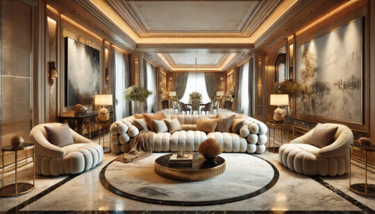 A luxurious living room showcases bespoke furniture with elegant white sofas designed using ai and a large round coffee table on a patterned rug. The space features warm lighting, marble floors, large abstract paintings on the walls, and a dining area in the background.