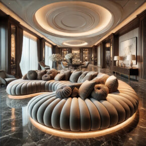 Luxurious living room with a large, round, tufted sofa in the center, showcasing bespoke furniture. The room features high ceilings, modern lighting, marble flooring, and elegant decor with neutral colors and plush cushions. Large windows invite natural light to highlight the luxury ambiance.