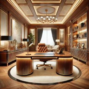 Luxurious home office featuring bespoke furniture, with an ornate wooden desk, leather chair, and modern decor. Ceiling lights illuminate the room, while shelves display art and books. A large window with curtains allows natural light, and a cozy seating area is visible in the background.