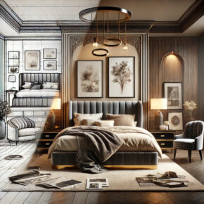 A bedroom is shown with a split design: one half is a detailed sketch, and the other reveals a completed, modern room featuring luxury bespoke furniture. A plush bed, nightstands with lamps, wall art, and a chandelier create a luxurious and elegant atmosphere.