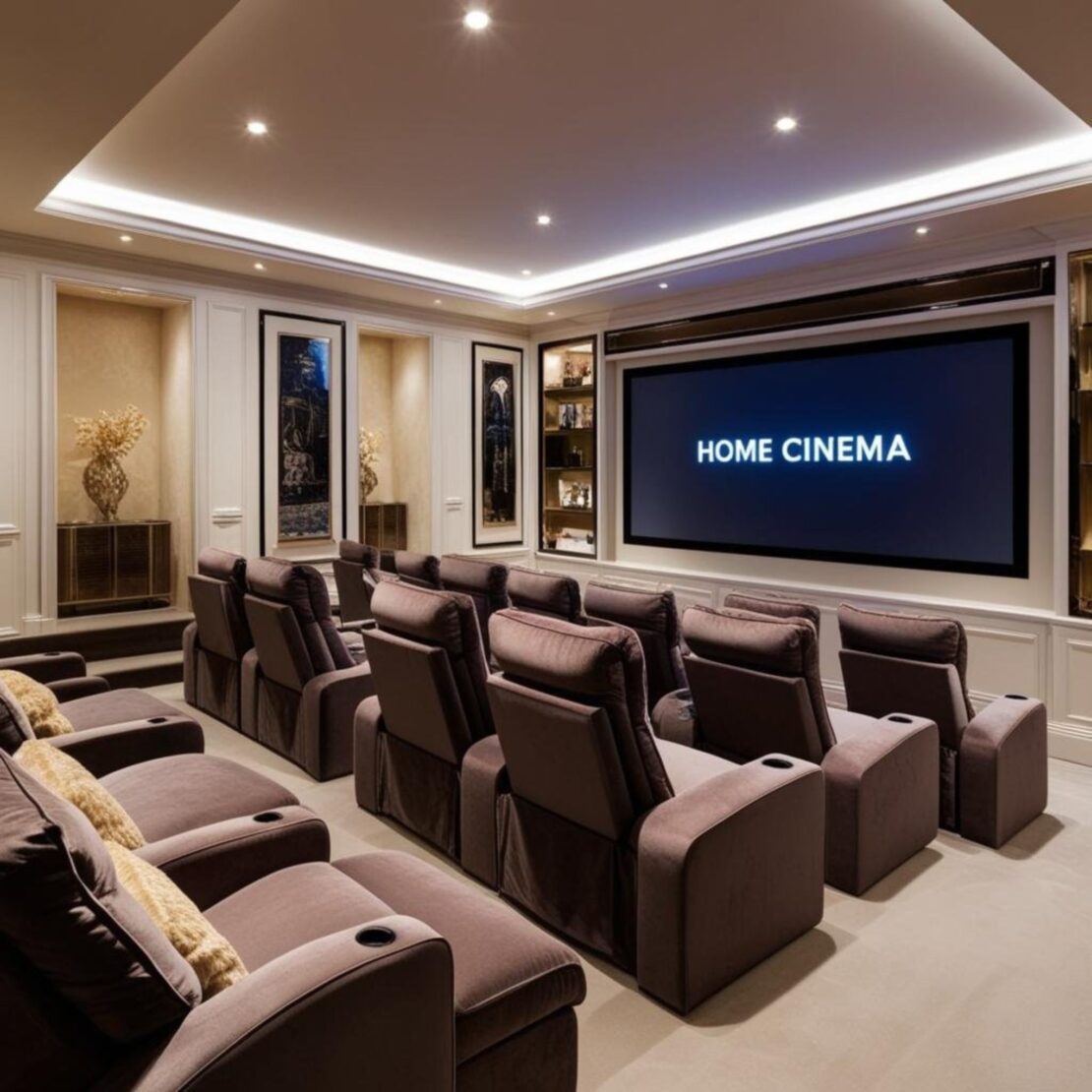 Luxurious home cinema with plush reclining chairs facing an enormous screen. Dim, recessed lighting and elegant decorative shelving create an ambiance of opulence and comfort.