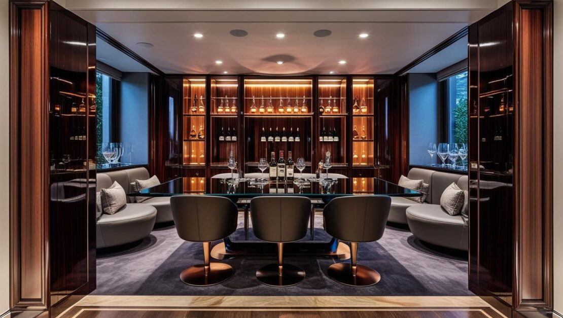 A luxurious wine cellar, akin to those in billionaires' homes, features a modern design with dark wood paneling, floor-to-ceiling shelves brimming with bottles, and a glass table surrounded by plush chairs. Soft lighting enhances the elegant atmosphere.