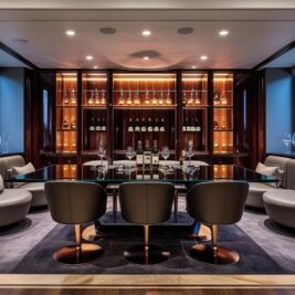 A luxurious wine cellar, akin to those in billionaires' homes, features a modern design with dark wood paneling, floor-to-ceiling shelves brimming with bottles, and a glass table surrounded by plush chairs. Soft lighting enhances the elegant atmosphere.
