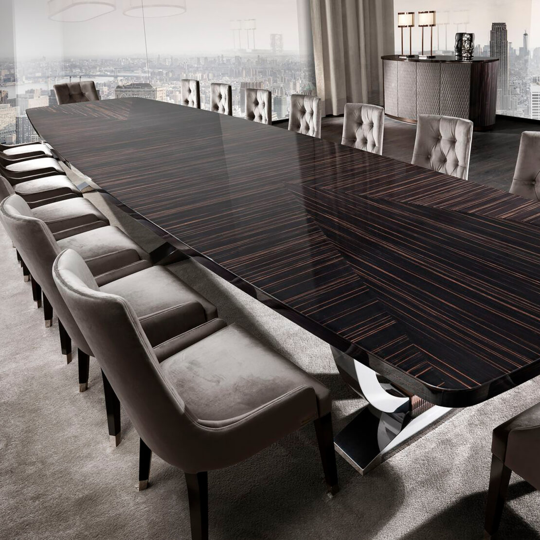 Luxurious conference room featuring the Large Italian Dining Table, surrounded by plush, upholstered chairs. Expansive windows offer a panoramic city skyline view, enhancing the elegance of the space.