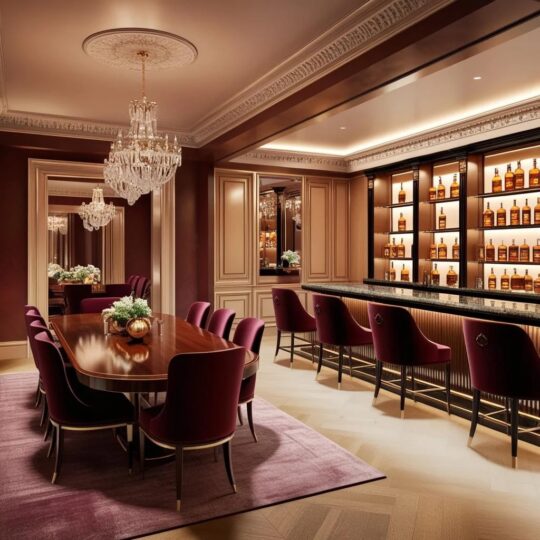 Luxury dining room with home bar and bar stools that match the dining room table and chairs