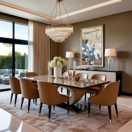 Luxury home with glass chandelier above a dining room table and chairs set, abstract art on the walls with neutral colour scheme. Glass doors showcase the exterior seating area and hedges for privacy