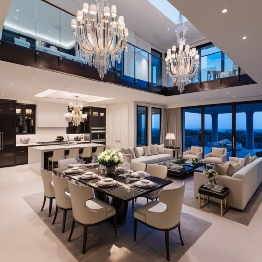 Spacious open plan luxury dining room, living room and kitchen, in neutral colours with glass mezzanine