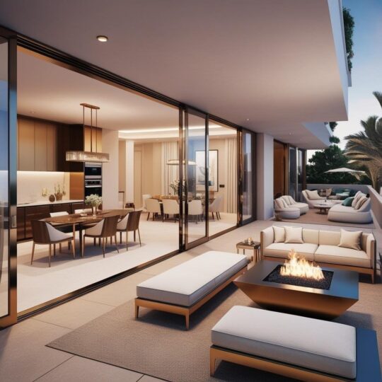 luxury contemporary home with indoor outdoor living spaces, with sliding glass doors, leading to a dining table and chairs in a kitchen with a dining table and chairs in the dining room beyond, plus luxurious outdoor seating