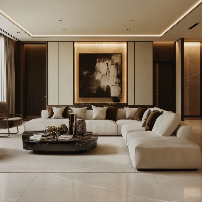 A modern living room with luxury interior design featuring a large white sectional sofa, dark marble coffee table, and abstract art on the wall. Showcased in luxury interior design guides, it offers ambient lighting and neutral tones for a sophisticated yet cozy atmosphere.