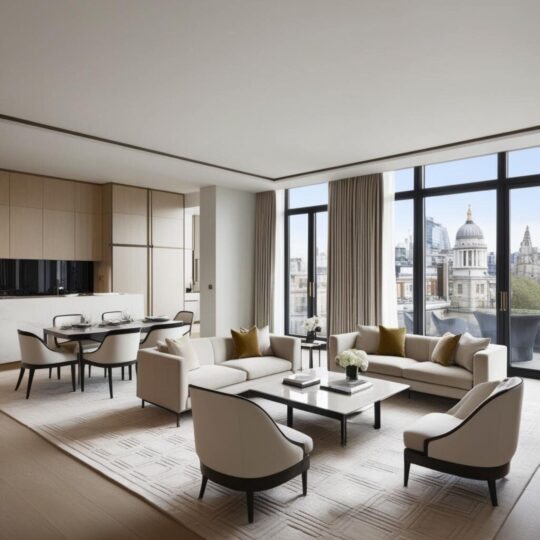 Luxury apartment with open plan living and dining area and kitchen. Modern styling with neutral accents and warm wood throughout.