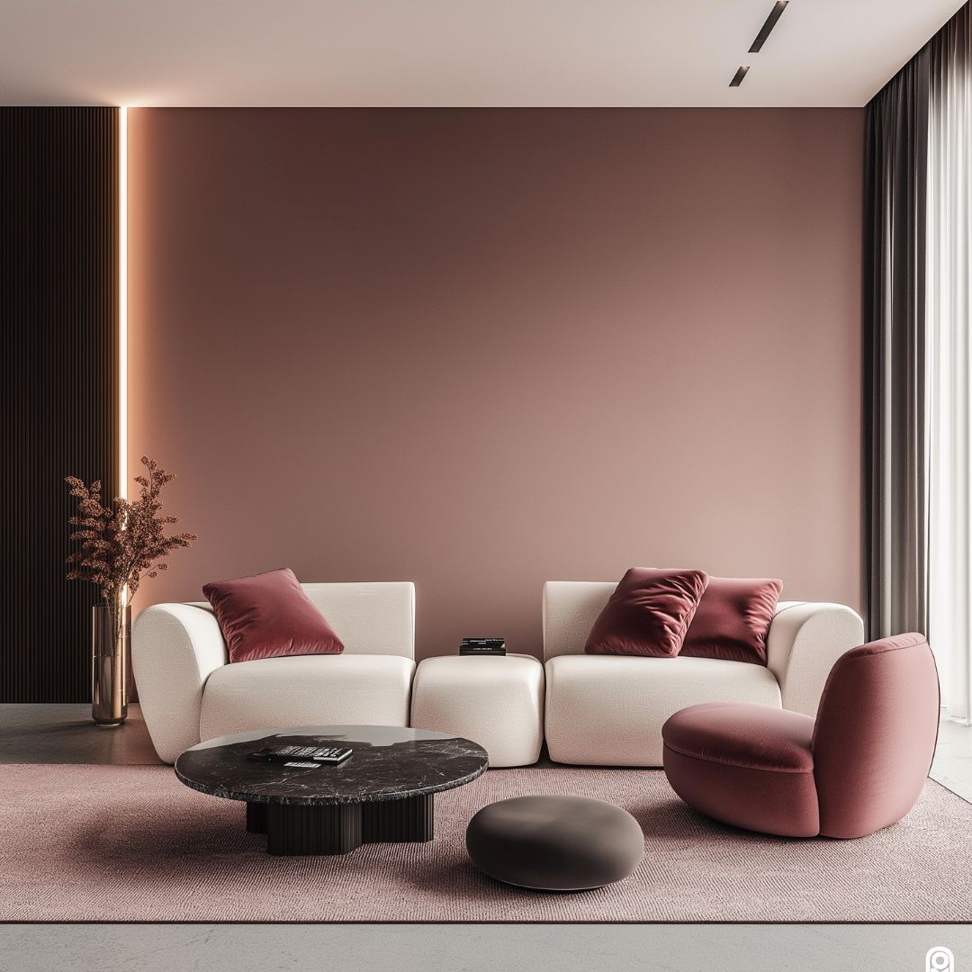 Modern living room featuring two white sofas, burgundy cushions, and a chair complementing a black round coffee table. Vases with dried flowers add touch. The soft mauve walls demonstrate perfect colour theory with textured accents and a strip of warm lighting enhancing the ambiance.
