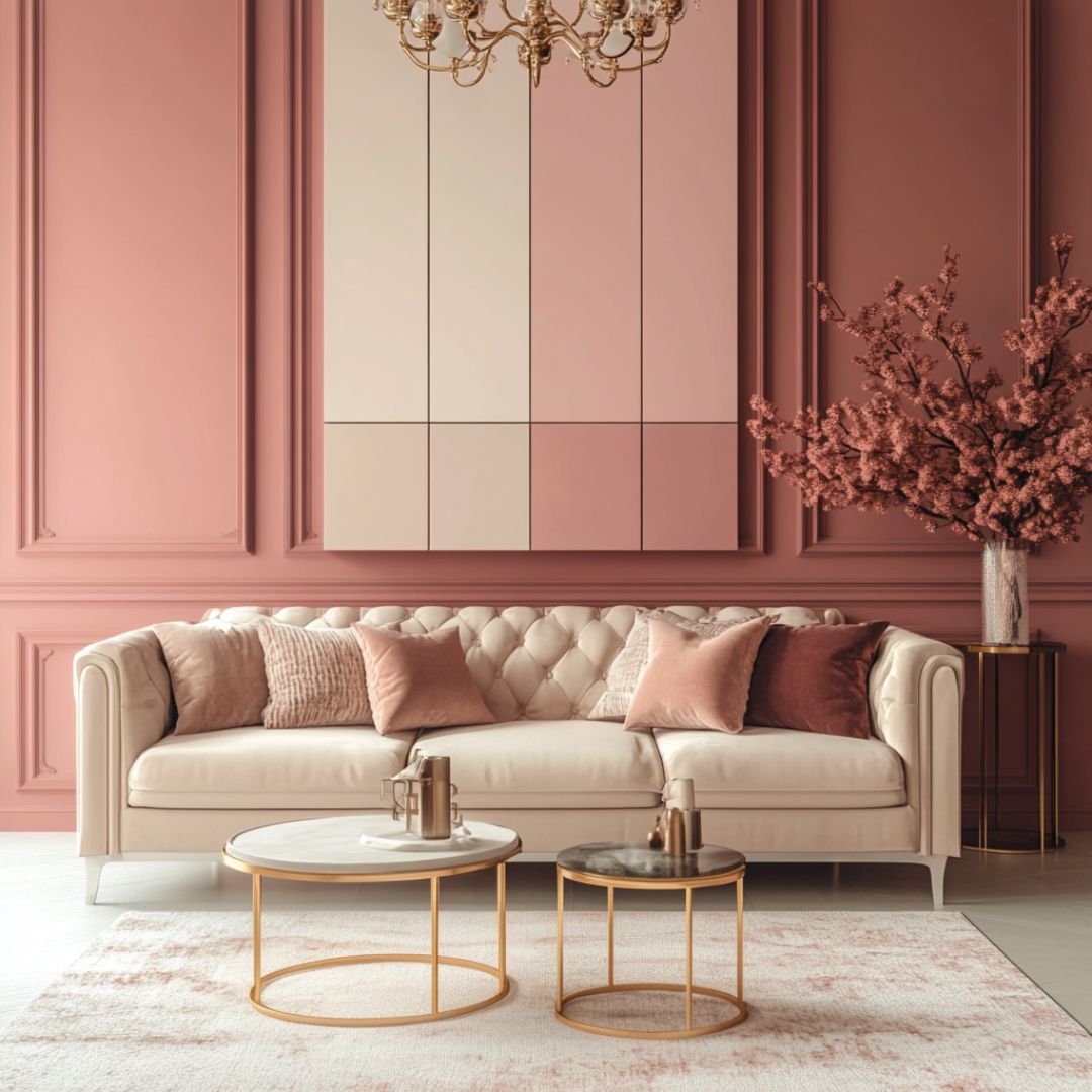 A stylish living room showcases with a light pink blush tufted sofa adorned with pink and beige cushions. Two round coffee tables with gold frames sit on a light rug. A pink floral arrangement brightens the corner, while paneled walls in shades of pink complement the decorative chandelier above.
