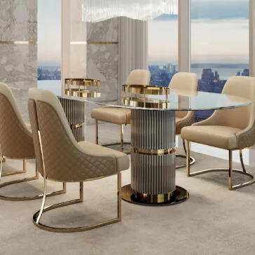 Contemporary Oval Glass Dining Table A luxurious dining room showcases a Contemporary Oval Glass Dining Table, encircled by six beige quilted chairs with gold accents. Elegantly designed, the space is enhanced by marble walls and offers a panoramic city view through floor-to-ceiling windows.