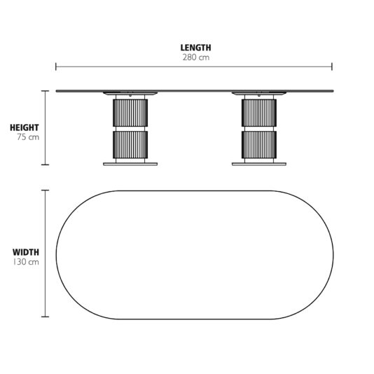 Diagram of the Contemporary Oval Glass Dining Table with dimensions: 280 cm long, 130 cm wide, and 75 cm high. It features two cylindrical pedestal bases, ideal for modern dining spaces.