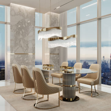Contemporary Oval Glass Dining Table A luxurious dining room showcases a Contemporary Oval Glass Dining Table with six beige chairs featuring gold bases. Two wave-shaped chandeliers glisten above, large windows capture the cityscape at dusk, and marble accents enhance the elegant ambiance.