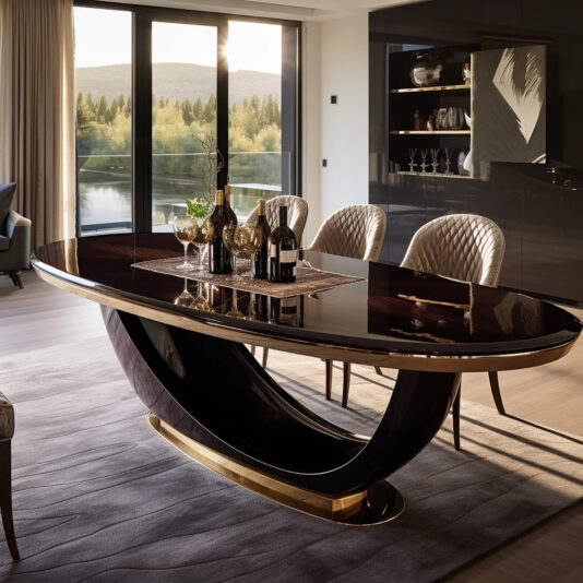 A modern dining room highlights the Exclusive Oval Designer Dining Set, with a sleek dark wood table featuring a curved base and gold accents. Glassware and wine under soft lighting complement large windows showcasing tree and calm lake views, enhancing the elegant ambiance.