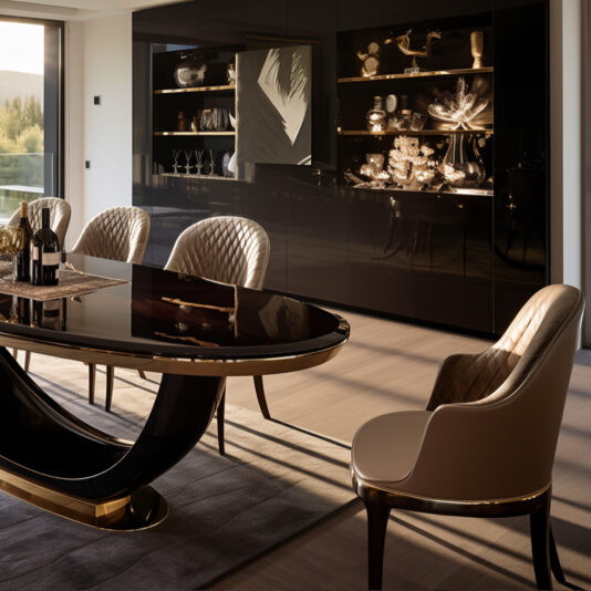 A modern dining room includes an Exclusive Oval Designer Dining Set with a glossy black table ready for a meal, surrounded by upholstered chairs. A glass cabinet displays elegant glassware and decor, while large windows let natural light fill the space.