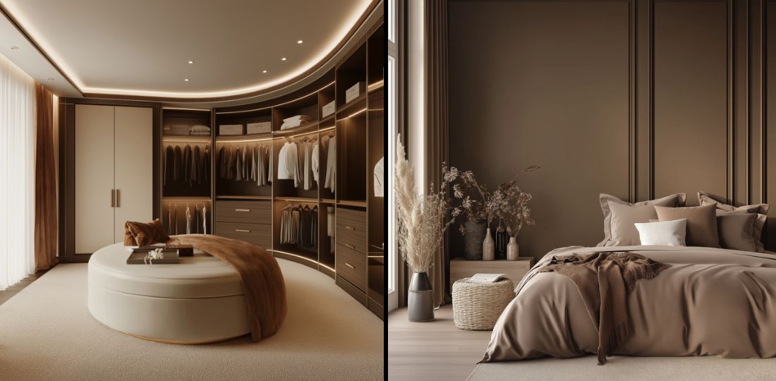 Split image: left shows a curved, modern closet with clothes and illuminated shelves, featuring a mocha mousse-coloured round ottoman; right presents a minimalist bedroom with a taupe colour scheme, cosy bed, decorative dried plants, and textured walls.