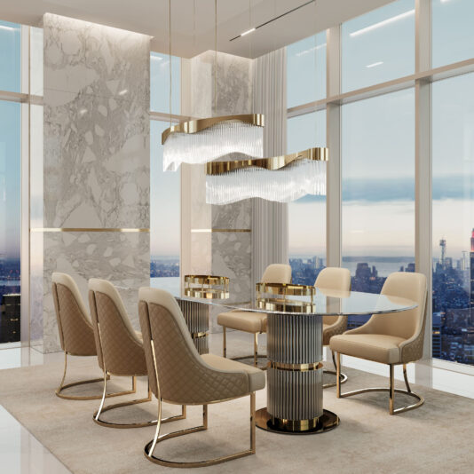 Modern Two-Tone Dining Chair A luxurious dining room features a glass table with six Modern Two-Tone Dining Chairs in elegant beige. Two wavy chandeliers add flair overhead. Floor-to-ceiling windows showcase a city skyline, while marble walls and neutral tones enhance the sophisticated ambiance.