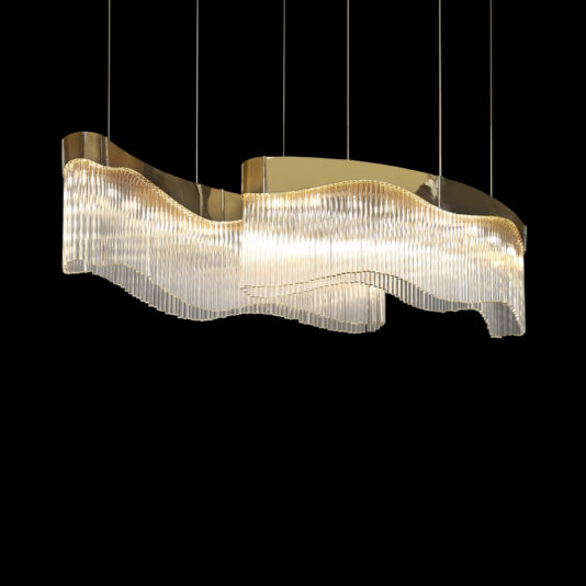 The Modern Wavy Chandelier has elegant vertical glass tubes suspended from a reflective gold base. Set against a dark background, it emits softly glowing lights, creating a sophisticated and contemporary ambiance.