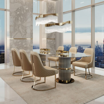 A luxurious dining room features a glass table with a polished metal base, six gold-accented beige upholstered chairs, and the Modern Wavy Chandelier that elegantly illuminates the space. Large windows showcase a stunning cityscape, complemented by marble walls and floors.