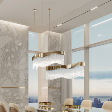 Luxurious dining room with a pair of Modern Wavy Chandeliers, showcasing glass designs and gold accents. Marble walls, large windows with city views, and a long dining table with beige chairs complete the elegant space.